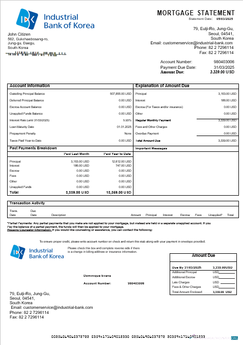 Download South Korea Industrial bank mortgage statement in Word and PDF formats Photoshop template
